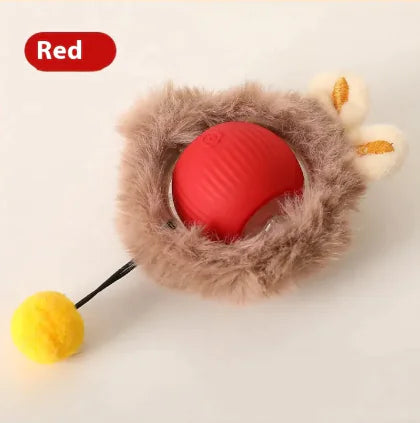 Red PawActivate Smart Play Ball with fluffy cover and yellow pom-pom, perfect interactive toy for pet entertainment and exercise.