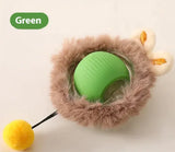 Green PawActivate Smart Play Ball with furry cover and yellow pom-pom, designed for interactive pet play and engagement.