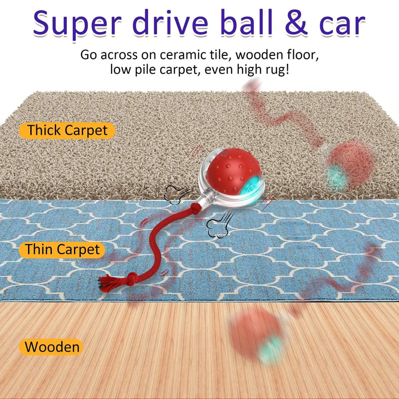 Smart Play Ball demonstrating versatility on thick carpet, thin carpet, and wooden floors.